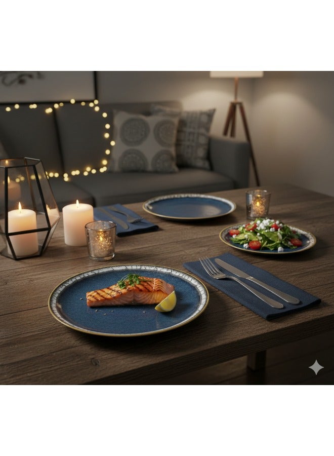 Rosa Porcelain Ramadan Serving Dinnerware 46 Pieces Set, Blue With Beige/Gold Rim - Image 2